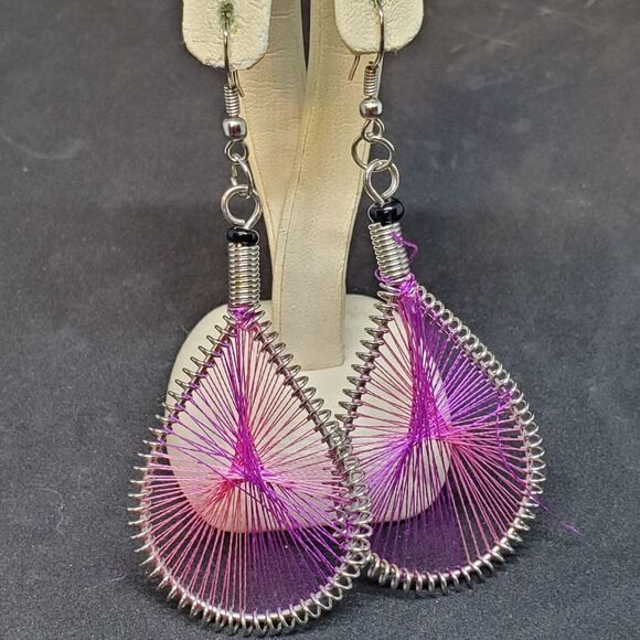 None Jewelry - Purple & Silver Tone Dangling Teardrop Earrings